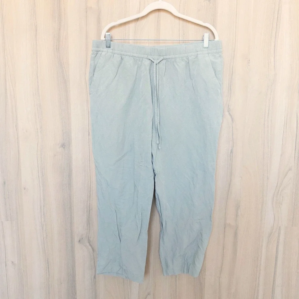 Womens Linen‎ Pants Large Beige Drawstring Casual Coastal Minimalist Beach Boho